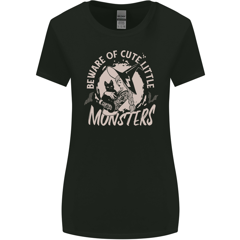 Cute Monsters Funny Halloween Cats & Witch Womens Wider Cut T-Shirt Black