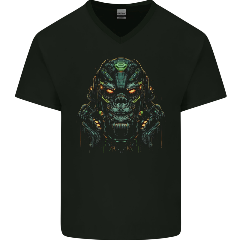 Cyber Gorilla Ape Fantasy Mens V-Neck Cotton T-Shirt Black