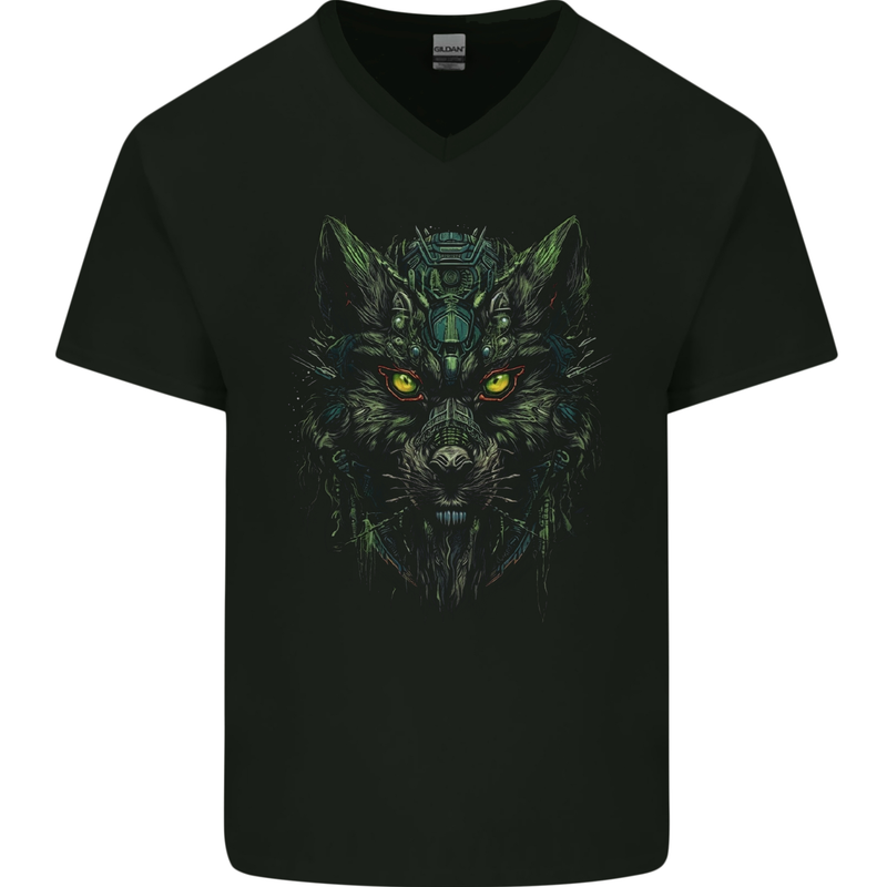 Cyber Wolf Werewolf Lycan Mens V-Neck Cotton T-Shirt Black