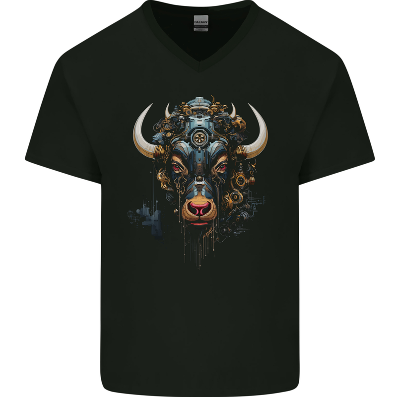 Cyberbull Cyborg Bull Steampunk Fantasy Cow Mens V-Neck Cotton T-Shirt Black