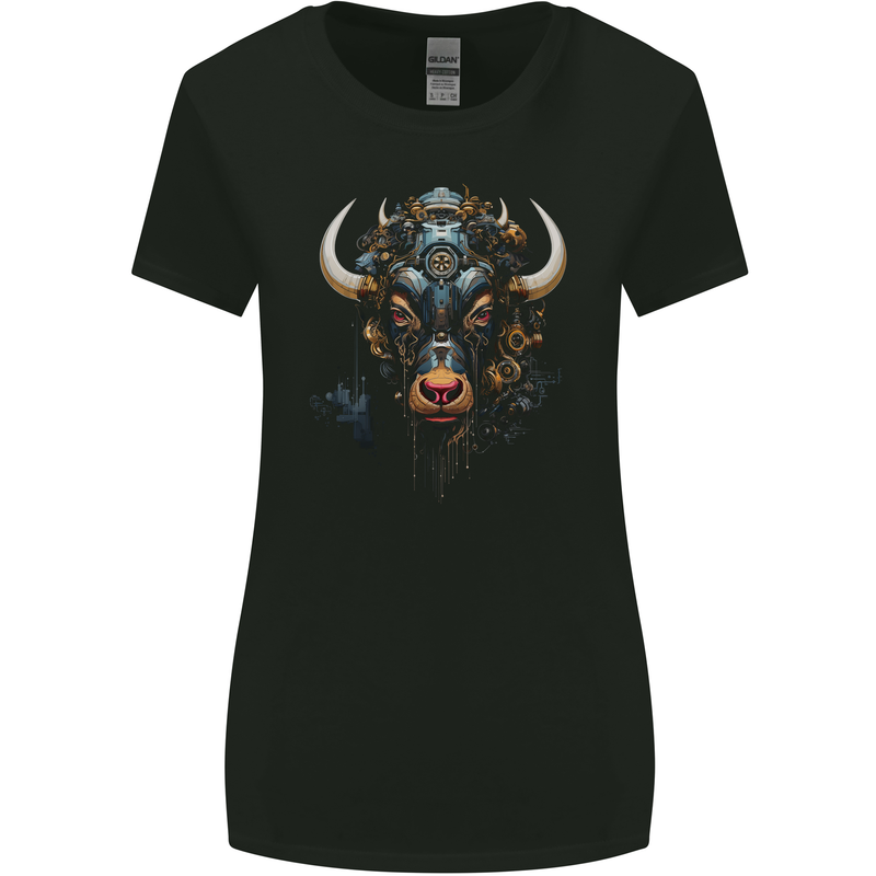 Cyberbull Cyborg Bull Steampunk Fantasy Cow Womens Wider Cut T-Shirt Black