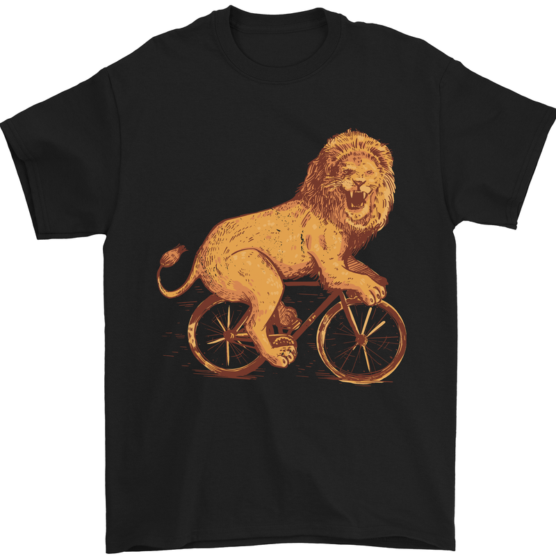 a black t - shirt with a lion riding a bicycle