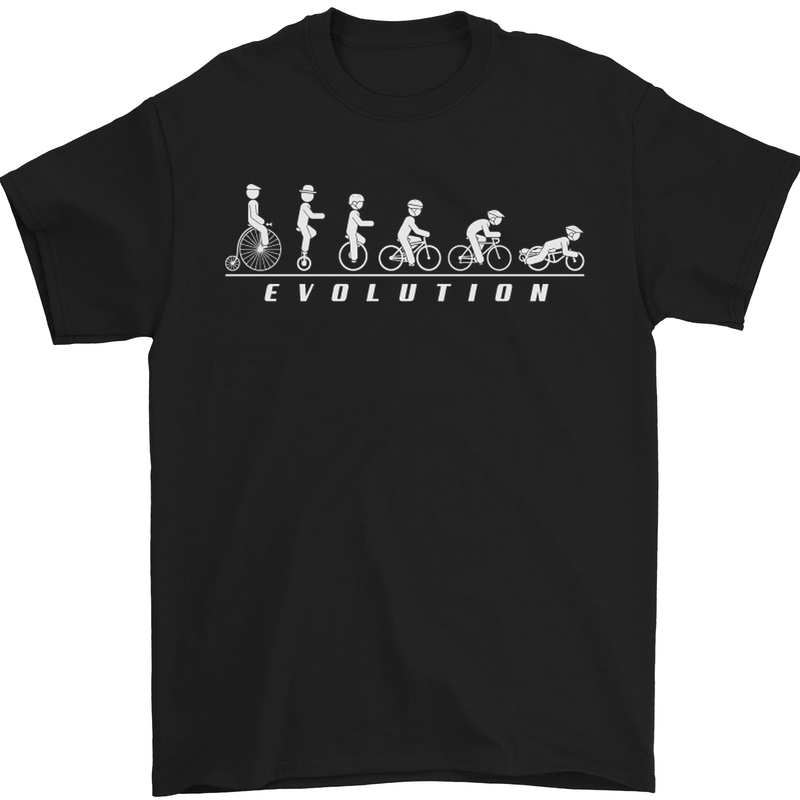 a black t - shirt with the evolution of bicycles