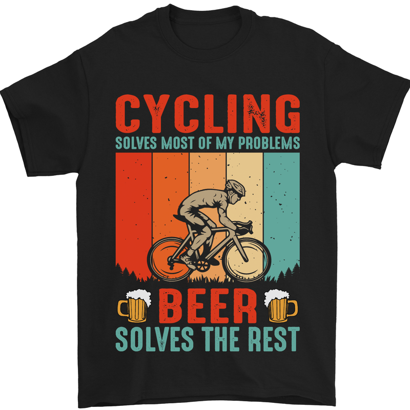 a black t - shirt with a man riding a bike and drinking beer