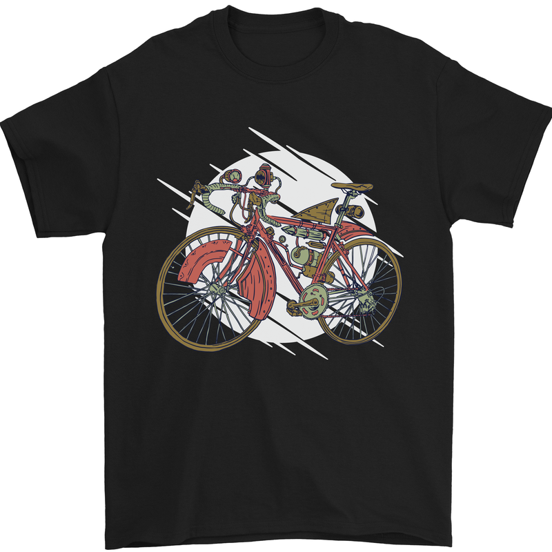 a black t - shirt with an image of a man riding a bicycle