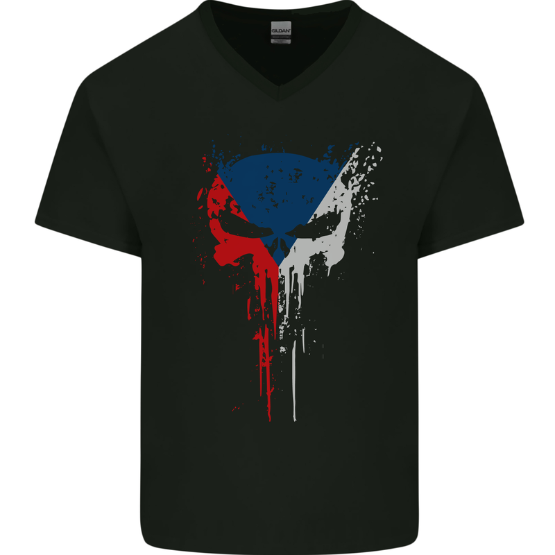 Czech Skull Gym Training Bodybuilding Mens V-Neck Cotton T-Shirt Black