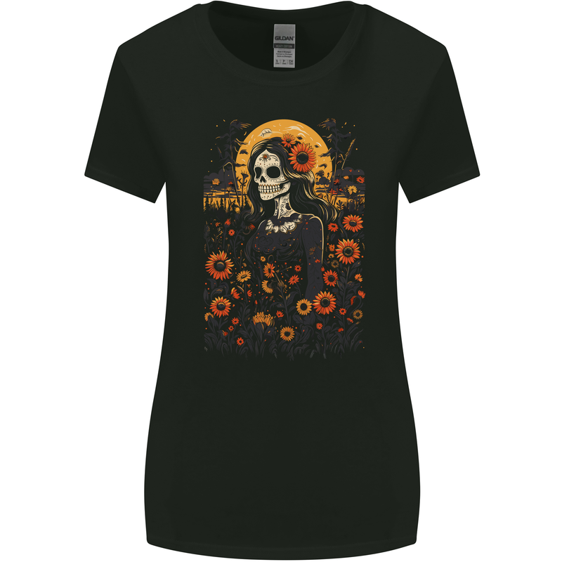 DOTD Sugar Skull Girl Day of the Dead La Catrina Womens Wider Cut T-Shirt Black