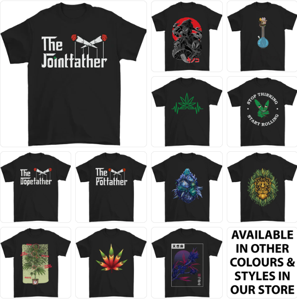 a group of t - shirts with different drug related designs on them