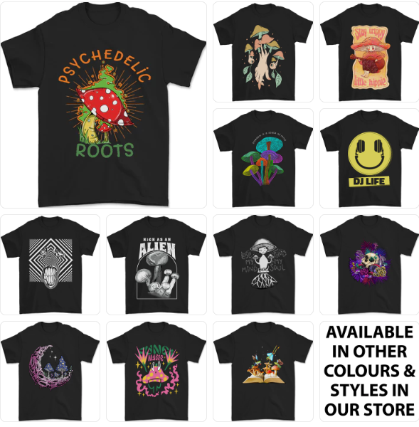 a group of t - shirts with different designs on them