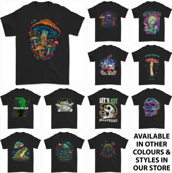 a group of t - shirts with different designs on them