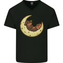 Dachshund Dog Moon Mens V-Neck Cotton T-Shirt Black