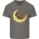 Dachshund Dog Moon Mens V-Neck Cotton T-Shirt Charcoal