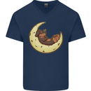 Dachshund Dog Moon Mens V-Neck Cotton T-Shirt Navy Blue
