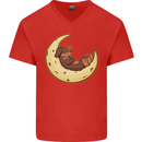 Dachshund Dog Moon Mens V-Neck Cotton T-Shirt Red