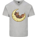 Dachshund Dog Moon Mens V-Neck Cotton T-Shirt Sports Grey