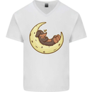 Dachshund Dog Moon Mens V-Neck Cotton T-Shirt White