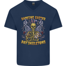 Dancing Easter Day Skeletons Skulls Mens V-Neck Cotton T-Shirt Navy Blue