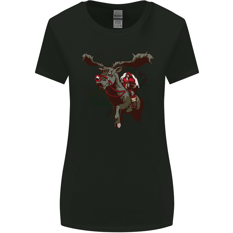 Dark Santa Riding Rudolph Christmas Xmas Womens Wider Cut T-Shirt Black