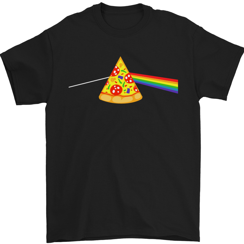 a black t - shirt with a slice of pizza and a rainbow on it