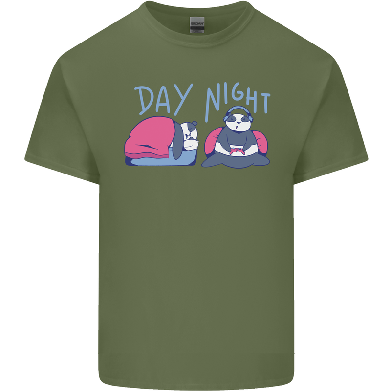 Day Night Gaming Panda Gamer Video Games Mens Cotton T-Shirt Tee Top Military Green