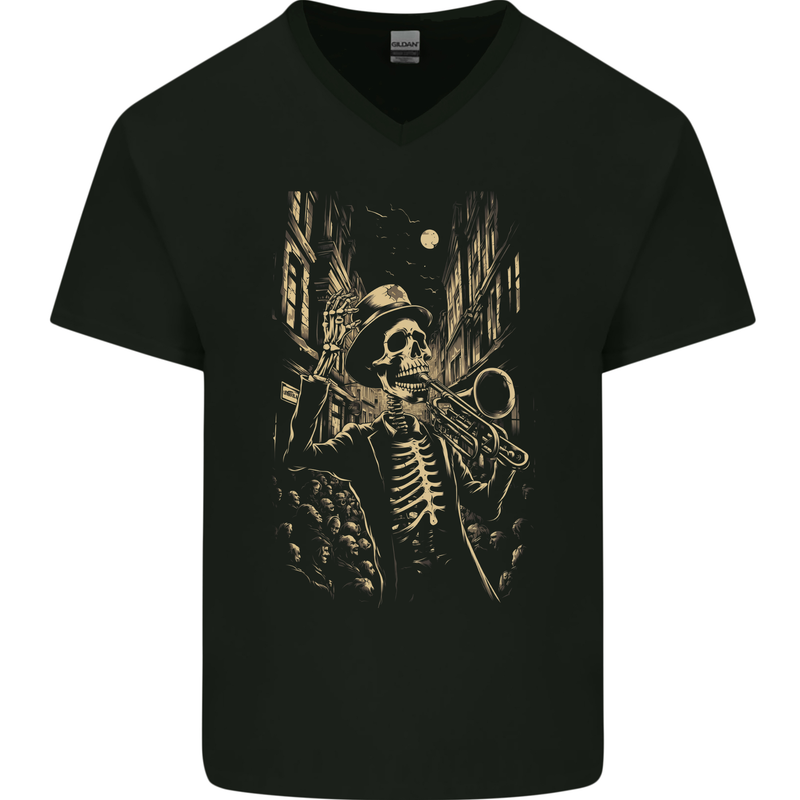 Day of the Dead Skeleton Trumpet DOTD Skull Mens V-Neck Cotton T-Shirt Black
