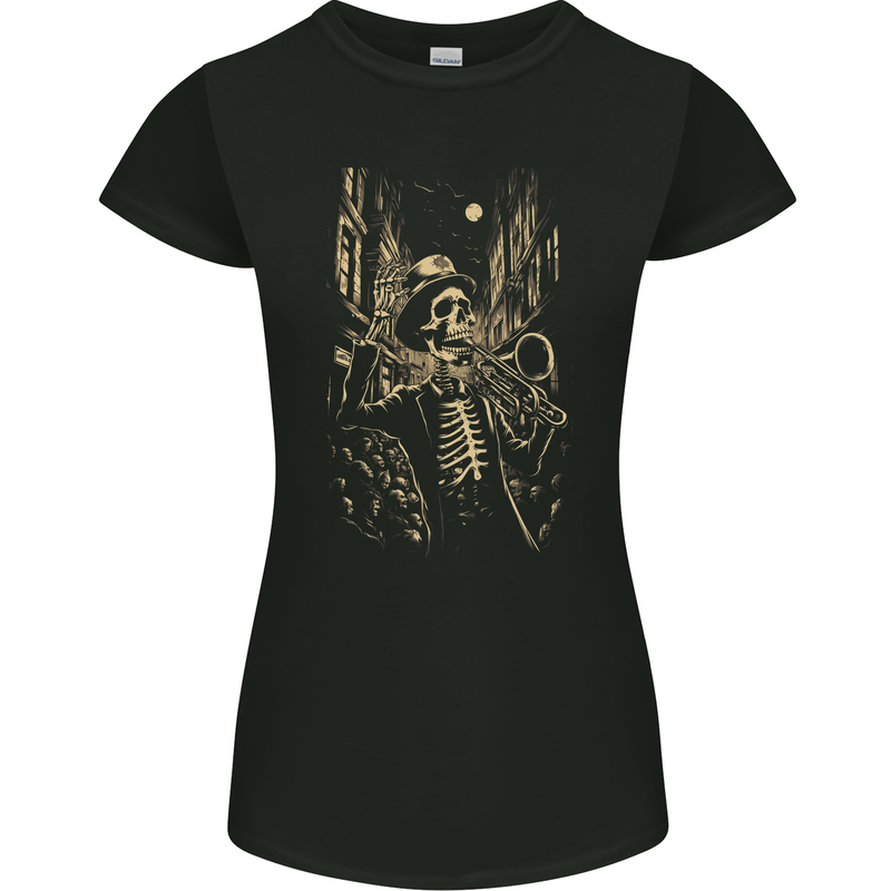 Day of the Dead Skeleton Trumpet DOTD Skull Womens Petite Cut T-Shirt Black