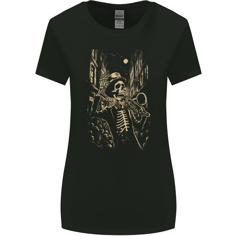Day of the Dead Skeleton Trumpet DOTD Skull Womens Wider Cut T-Shirt Black