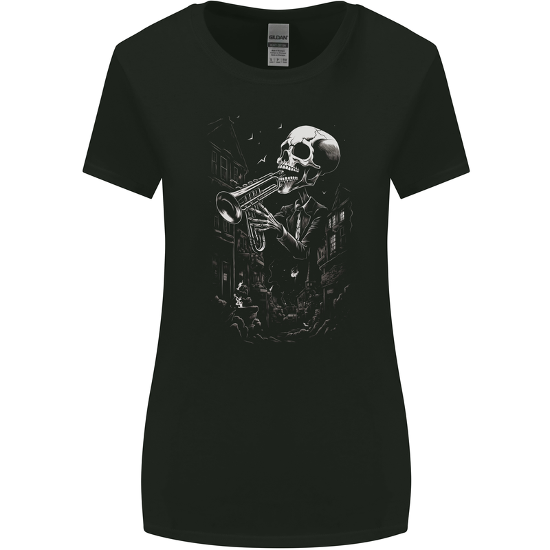 Day of the Dead Skeleton Trumpet Skull DOTD Womens Wider Cut T-Shirt Black