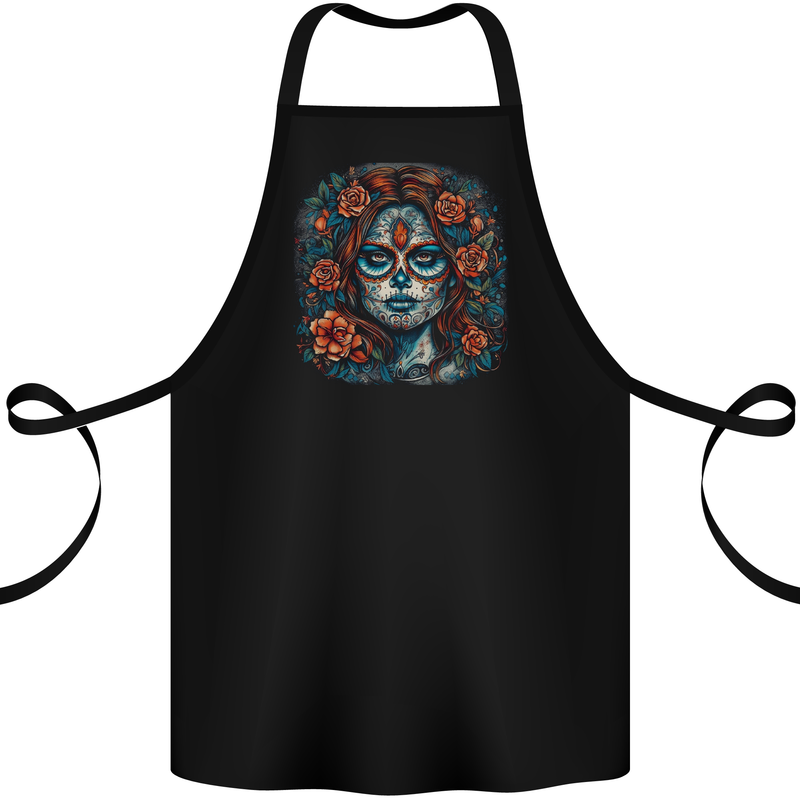 Day of the Dead Sugar Skull Girl Santa Muerte Cotton Apron 100% Organic Black