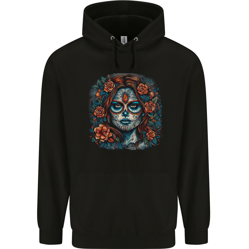 Day of the Dead Sugar Skull Girl Santa Muerte Mens 80% Cotton Hoodie Black