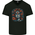 Day of the Dead Sugar Skull Girl Santa Muerte Mens V-Neck Cotton T-Shirt Black