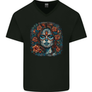 Day of the Dead Sugar Skull Girl Santa Muerte Mens V-Neck Cotton T-Shirt Black