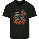 Day of the Dead Sugar Skull Love Couple Mens V-Neck Cotton T-Shirt Black