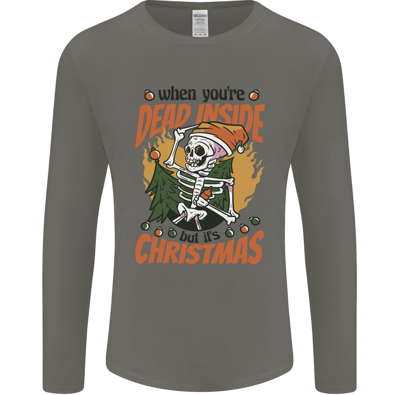 Dead Inside at Christmas Xmas Skull Mens Long Sleeve T-Shirt Charcoal