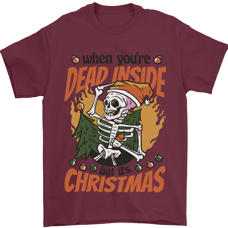 Dead Inside at Christmas Xmas Skull Mens T-Shirt 100% Cotton Maroon