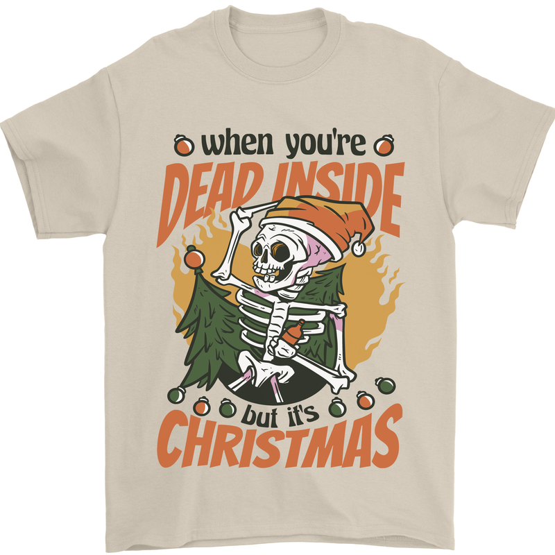 Dead Inside at Christmas Xmas Skull Mens T-Shirt 100% Cotton Sand