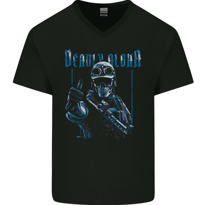 Deadly Aloha US Special Forces Skull Military Mens V-Neck Cotton T-Shirt Black