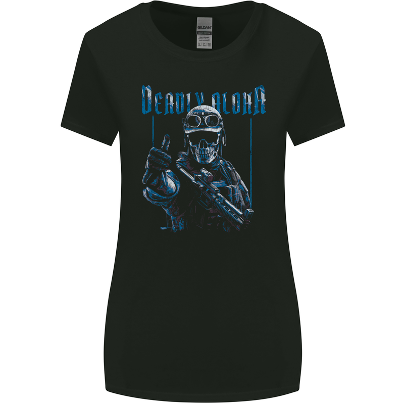 Deadly Aloha US Special Forces Skull Military Womens Wider Cut T-Shirt Black