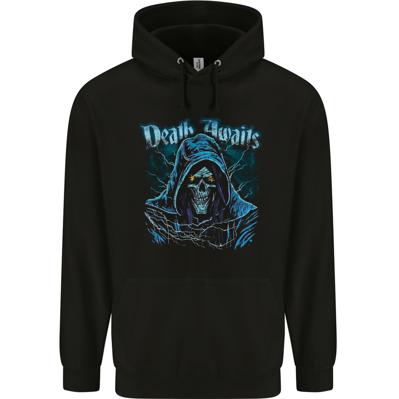 Death Awaits Evil Grim Reaper Skull Childrens Kids Hoodie Black