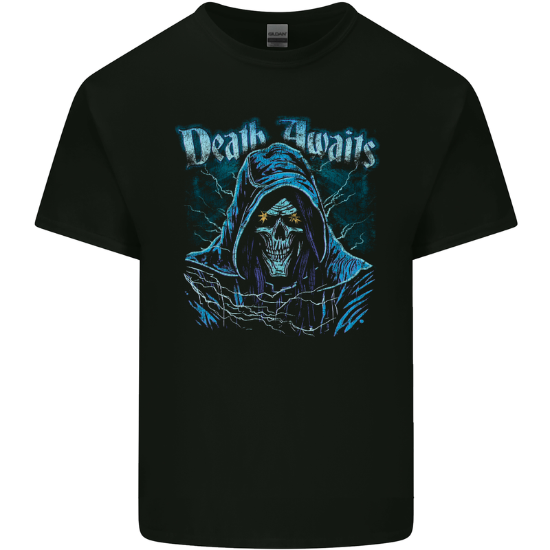 Death Awaits Evil Grim Reaper Skull Kids T-Shirt Childrens Black