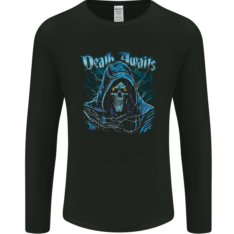 Death Awaits Evil Grim Reaper Skull Mens Long Sleeve T-Shirt Black