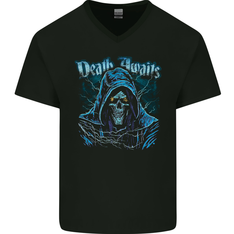 Death Awaits Evil Grim Reaper Skull Mens V-Neck Cotton T-Shirt Black