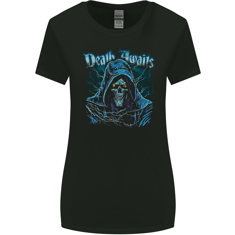 Death Awaits Evil Grim Reaper Skull Womens Wider Cut T-Shirt Black
