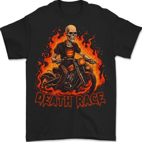 a black shirt with a skeleton riding a motorcycle