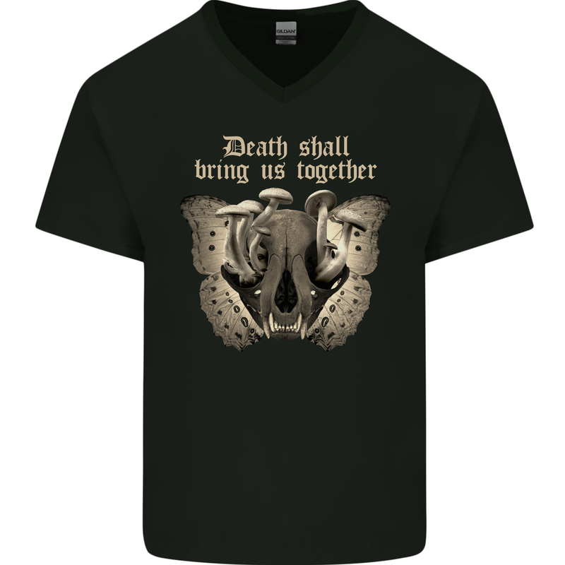 Death Together Butterfly Skull Mushrooms Mens V-Neck Cotton T-Shirt Black