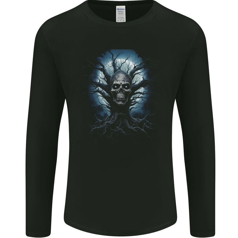 Death Tree Scary Skull and Moon Mens Long Sleeve T-Shirt Black