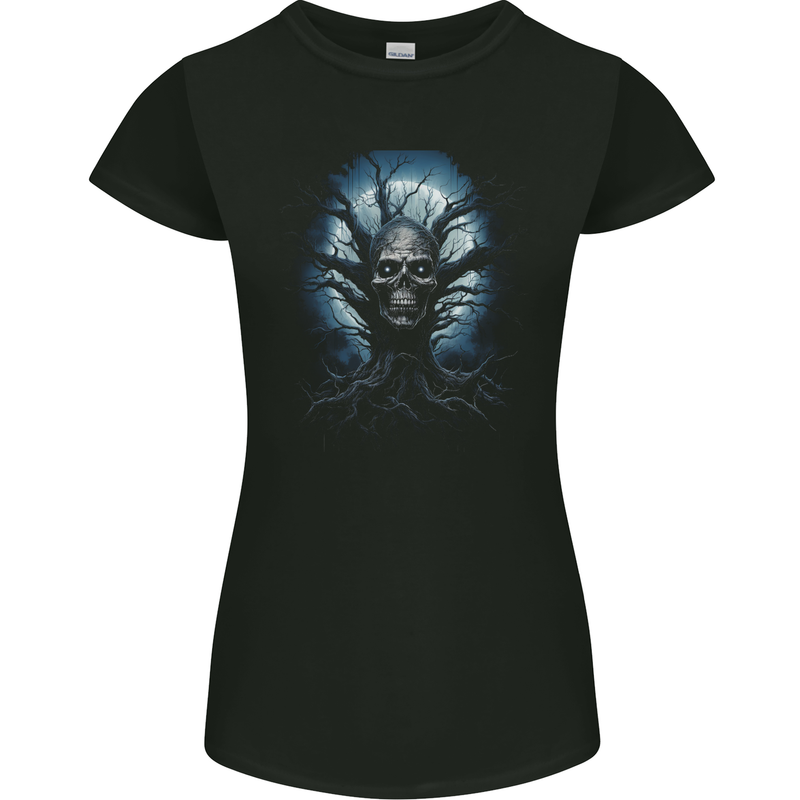 Death Tree Scary Skull and Moon Womens Petite Cut T-Shirt Black