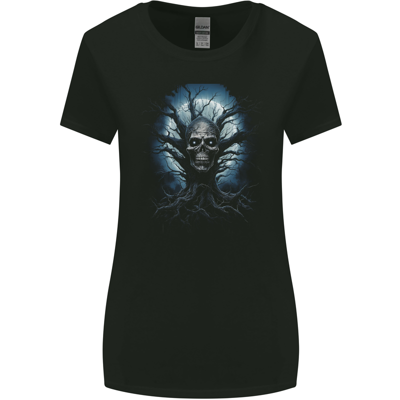 Death Tree Scary Skull and Moon Womens Wider Cut T-Shirt Black