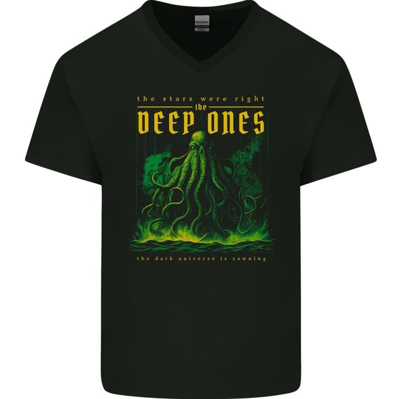 Deep Ones Cthulhu Kraken Octopus Mens V-Neck Cotton T-Shirt Black