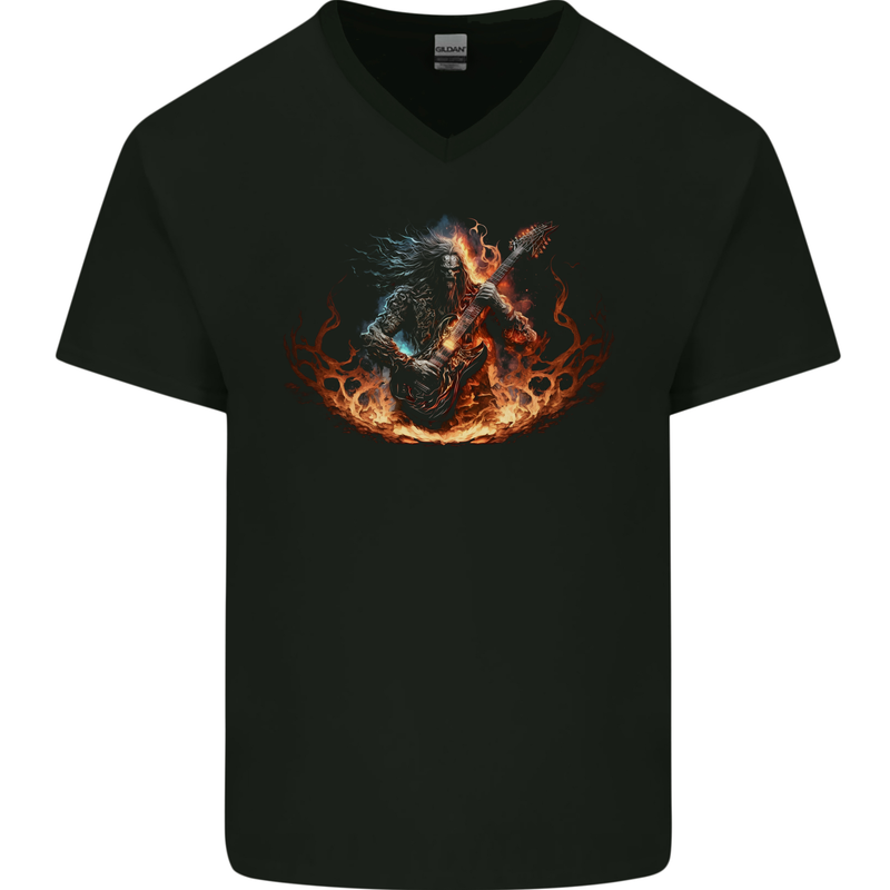 Demon Rocker Rock n Roll Heavy Metal Guitar Skull Mens V-Neck Cotton T-Shirt Black